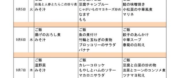 つくも苑献立表H290903のサムネイル